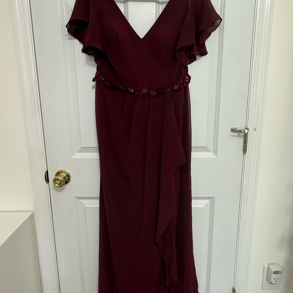 David’s Bridal Flutter Sleeve Chiffon V-Neck Dress with custom belt